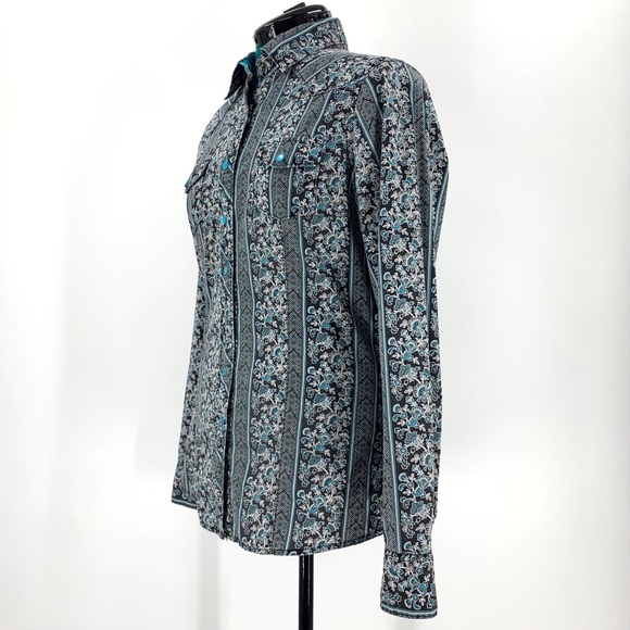 Cruel Black and Teal Floral Paisley Snap Closure Western Rodeo Shirt, Large - Picture 5 of 16